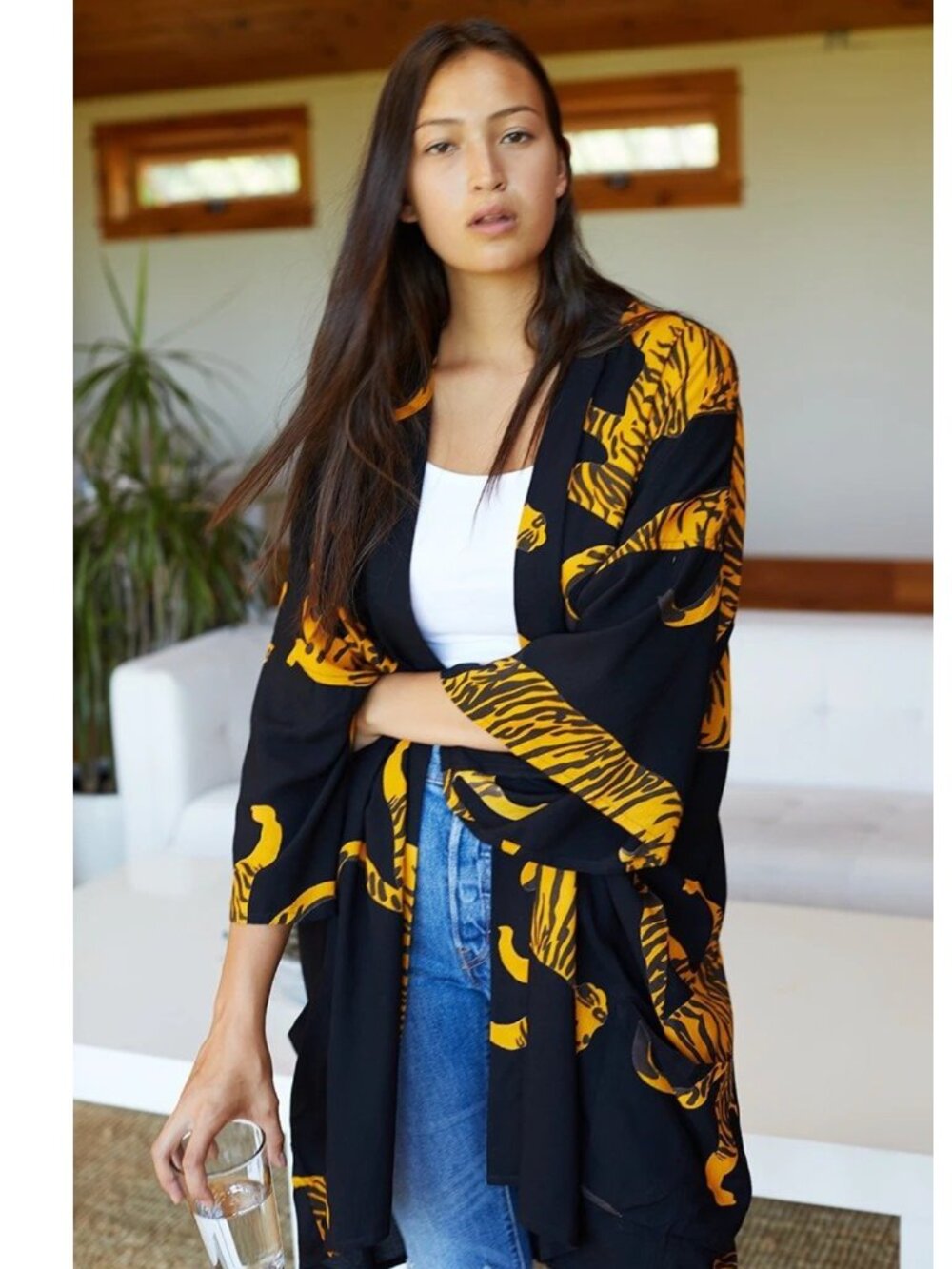 Emerson Fry Fete Layering Robe Kimono Top Tiger Hand Printed Black Yellow XS/S - Picture 2 of 7